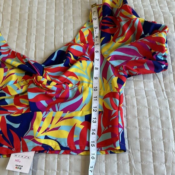 NEW Twist Knot Multicolor Leaf Print Sweethear Neckline Puff SleeveCrop Top Sz L - Picture 11 of 11